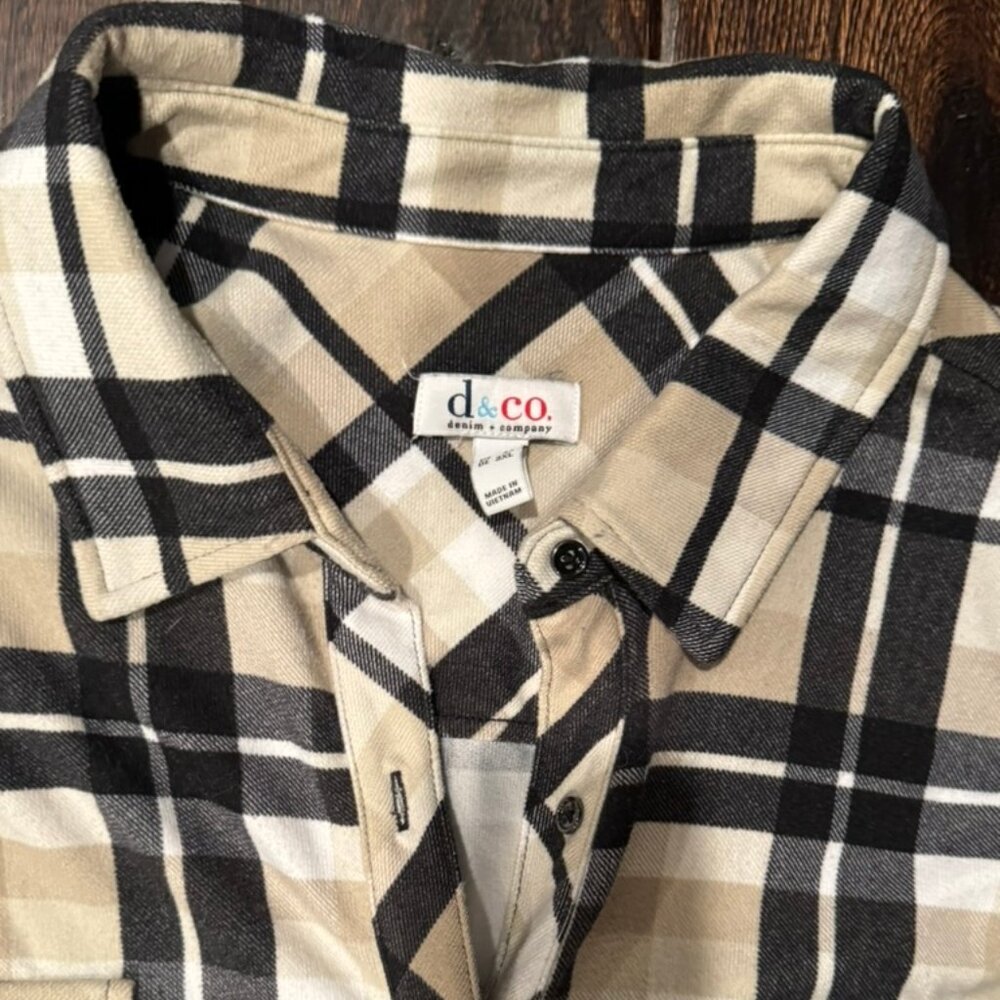 Denim & Co Plaid Fleece Shacket Women’s Black Tan Snap Front Shirt Jacket